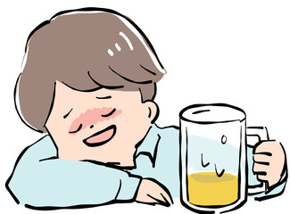 ほろ酔いでビールジョッキを持って眠る男性