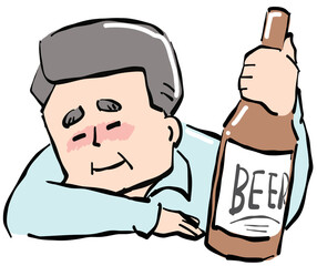 ほろ酔いで瓶ビールを持って眠る中年男性