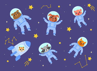 Baby animal astronauts cartoon vector illustration set. Cute bear, dog, pig, cat, raccoon, hamster in spacesuits on stars and space background. Pattern of animal space team having fun