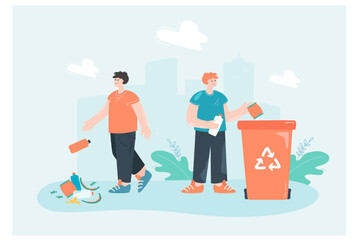 Two cartoon men throwing trash on ground or in recycle can. Person recycling plastic, male littering in street or park, urban background flat vector illustration. Ecology, environment concept
