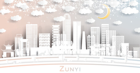 Zunyi China City Skyline in Paper Cut Style with White Buildings, Moon and Neon Garland.