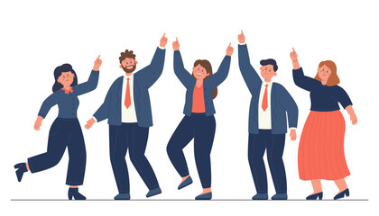 Fototapeta na wymiar Business people standing with hands up together. Male and female office workers pointing upwards with index finger, team of experts showing victory pose flat vector illustration. Win, teamwork concept