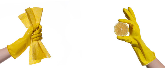 hands in yellow rubber gloves for cleaning hold a rag and lemon on a white background, natural...