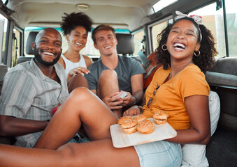 Food, travel and friends eating on a road trip, happy, relax and laughing while bonding in a car...