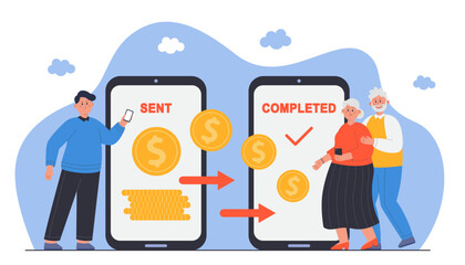 Tiny male character sending money to elderly parents on smartphones background. Son caring about people of old age flat vector illustration. Mobile transfer payments, completed transaction concept