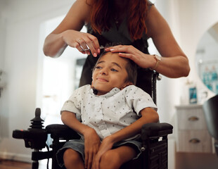 Haircut, special needs and cerebral palsy child at a hairdresser with a smile. Happy kid with a health condition getting a hair salon trim from a beauty therapist and professional feeling happiness - obrazy, fototapety, plakaty