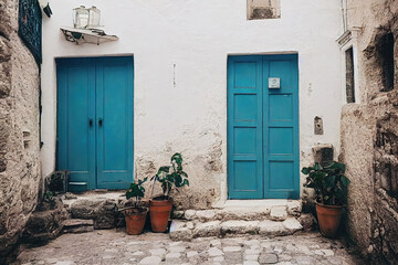 Fototapeta premium Beautiful old medieval downtown cobblestone alley streets, stone steps, colorful doors and windows, greek mountain village, historic architectural background