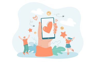 Giant hand holding smartphone with online dating app. Flat vector illustration. Tiny people sending each other reactions, comments, likes, communicating on Internet. Mobile, social network concept