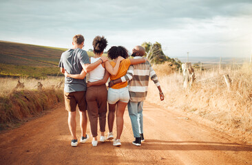 Hug, friends and walking with back view in countryside for group holiday bonding moment together....