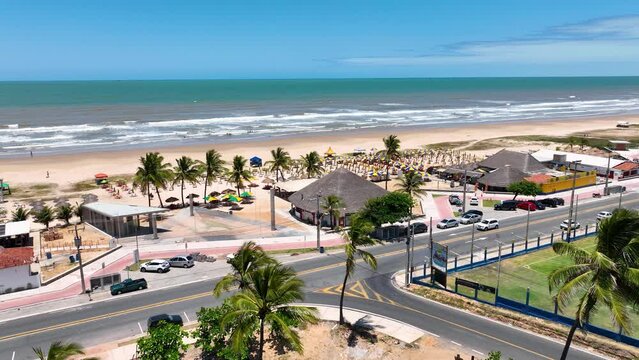 Aracaju Sergipe. Aracaju Brazil. Panning wide landscape Aruana Beach at Aracaju capital city of Sergipe at Brazil. Travel destination. Tropical scenery. Brazil Northeast. Beach scene.