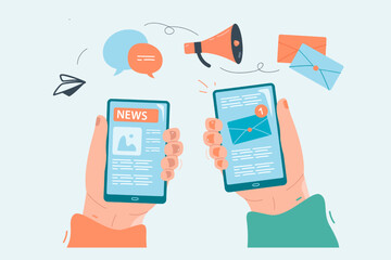 Hands holding phones with news on screens. Application for online media viewing on smartphone, reading newspaper on website flat vector illustration. Journalism, newsletter, journalists blog concept