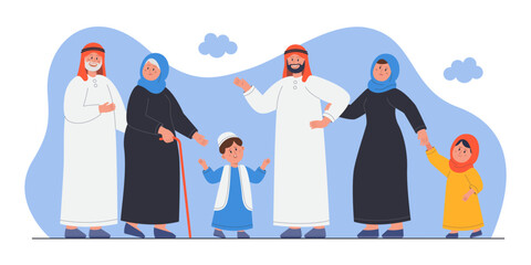 Obraz premium Happy arab family standing together. Saudi old and young people smiling, portrait of muslim parents, grandparents and kids in traditional clothes flat vector illustration. Arabian culture concept
