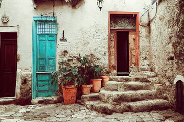 Fototapeta na wymiar Beautiful old medieval downtown cobblestone alley streets, stone steps, colorful doors and windows, greek mountain village, historic architectural background