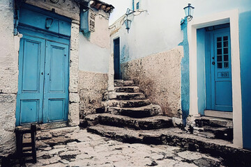 Beautiful old medieval downtown cobblestone alley streets, stone steps, colorful doors and windows, greek mountain village, historic architectural background