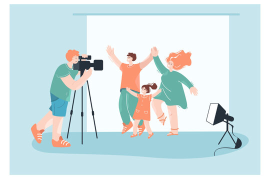 Happy Family In Front Of Photographer With Camera. Flat Vector Illustration. Young Mother, Father And Kid Photographed In Studio. Family, Parenthood, Memory, Photography Concept For Banner Design