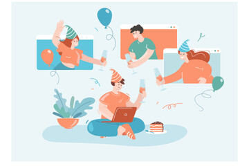 Happy people at online party flat vector illustration. Friends celebrating, drinking wine, having fun at home in front of computer screens, making video call. Internet, birthday, quarantine concept