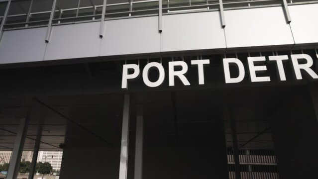 Port Detroit sign in Detroit, Michigan with video panning left to right.
