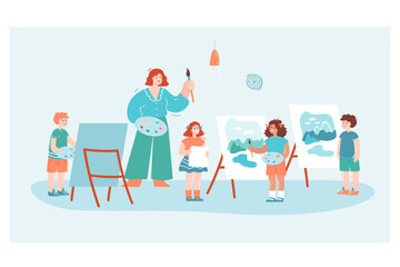 Group of kids drawing landscapes with teacher in art class. Children behind easels having painting lesson flat vector illustration. Art school, education concept for website design or landing web page