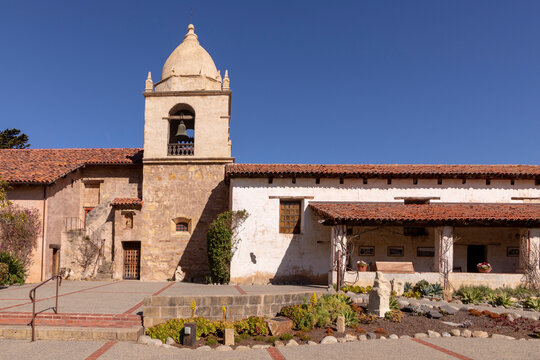 courtyard of the Carmel Mission Basilica, the mission of San Carlos Borromeo, founded in 1770 by Junipero Serra, Carmel-by-the-Sea, California USA