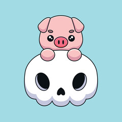 cute skull pig halloween cartoon mascot doodle art hand drawn concept vector kawaii icon illustration