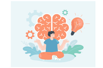 Happy tiny man doing yoga exercise near brain with light bulb. Power of spiritual meditation for healthy lifestyle of person flat vector illustration. Harmony, mental health, intelligence concept