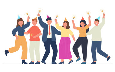 Happy office people with sparklers in hands celebrating New Year. Group of cartoon friends at party, festive corporate scene flat vector illustration. Celebration concept for banner, landing web page