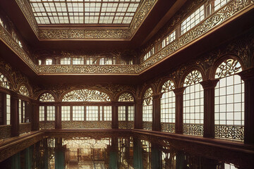 Obraz premium beautiful renaissance palace interior, stained glass, marble floor, luxury interior, architectural background