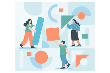 Team of tiny people organizing abstract geometric shapes. Teamwork of persons collecting square, triangle, rectangle figures from chaos flat vector illustration. Management, partnership concept