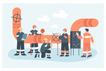 Control, inspection of oil and gas pipeline by team of workers. People working in maintenance service of pipes for leaks flat vector illustration. Petrol production, petrochemical industry concept - obrazy, fototapety, plakaty