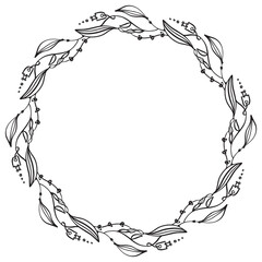 Decorative fantasy wreath - vector frame. Black lines on white. For wedding greeting cards, coaster designs.