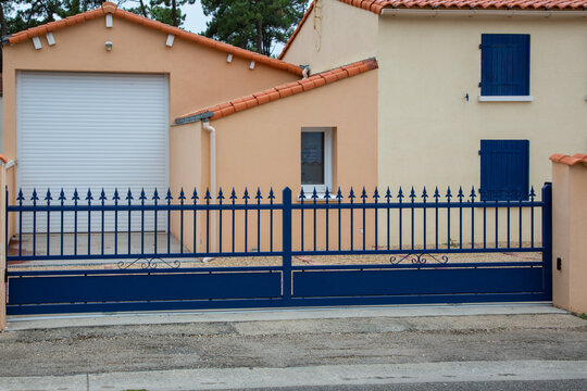 portal blue classicsliding steel old retro style gate classical slide home facade entrance