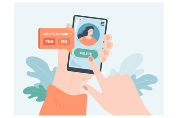 Hands of female holding phone and deleting social media account. Character removing personal information or data from online network flat vector illustration. Technology, addiction concept for banner