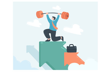 Business man weightlifting on big arrow. Man lifting heavy barbell, putting effort into tough tasks, positive vision, metaphor for career growth flat vector illustration. Challenge, progress concept