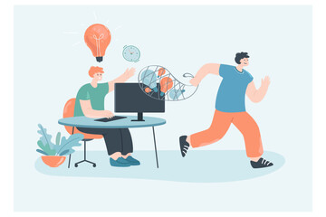 Copyright infringement scene with content creator and idea thief. Theft of creative work, pirate stealing lightbulbs flat vector illustration. Plagiarism, piracy concept for banner or landing web page