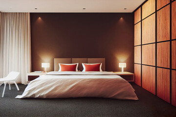 Fototapeta na wymiar Modern cozy luxury bedroom, warm lights, double bed, wooden wall, 3d render, 3d illustration