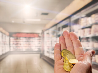 Hand with coins in focus. Food store or supermarket out of focus in the background. Poverty and...