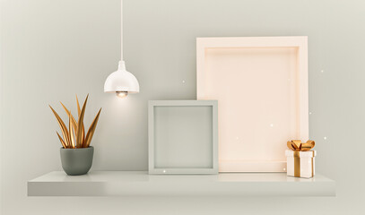 Shelf hanging on wall with frame, ceiling lamp, gift boxes for mockup, template. Empty bookshelf on blue pastel background or texture in bookstore. 3d rendering. 