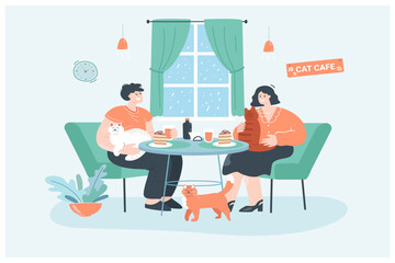 Happy cartoon couple fondling adorable cats in cafe. Cute scene with young man and woman sitting at table with pets flat vector illustration. Pet therapy, cat cafe concept for banner, website design