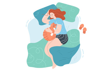 Young girl sleeping with cute cat in comfortable bed. Woman relaxing or resting on mattress with domestic animal flat vector illustration. Sweet dreams, pets concept for banner, website design