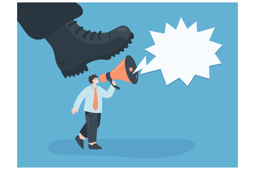 Giant shoe of soldier stepping on business person with megaphone. Big military boot crushing freedom of speech of man flat vector illustration. Censorship, authority concept for banner, website design