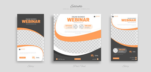 Set webinar business social media post and story template with orange black and white color background for ads promotions