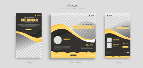 Set webinar business social media post and story template with yellow black and white color background for ads promotions