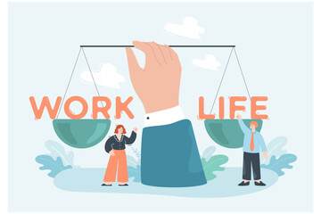 Giant hand balancing scales with words work and life. Woman choosing career and financial success, man in control of relationships flat vector illustration. Work life balance, lifestyle concept