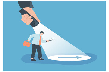 Hand holding flashlight and guiding detective or businessman. Person searching for solution of problem, arrow in spotlight flat vector illustration. Achievement, guidance concept for banner - obrazy, fototapety, plakaty