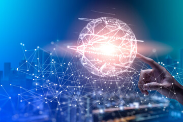 Businessman touching abstract world and background geometric with icons for Science and business technology. Connection triangle structure.Metaverse Technology.