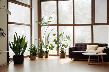 Modern living room interior with many indoor plants and big windows, architectural background, 3d render, 3d illustration