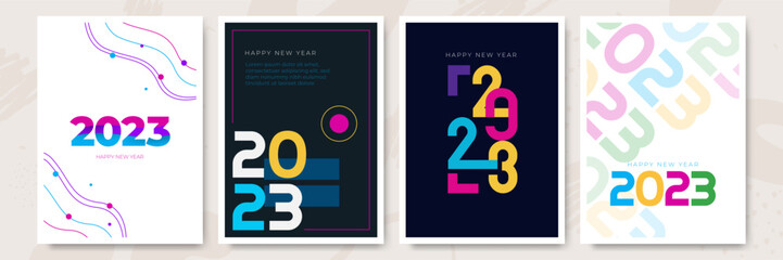 Happy New Year 2023. Vector holiday illustration with 2023 hand written logo text design, sparkling confetti and shining golden stars on white background.