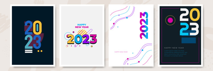 Happy New Year 2023. Vector holiday illustration with 2023 hand written logo text design, sparkling confetti and shining golden stars on white background.