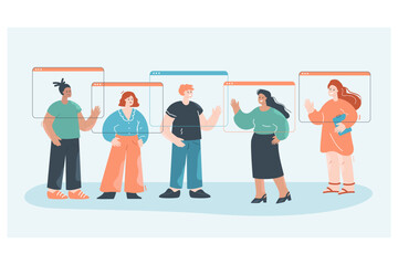 Remote office workers talking in virtual meeting windows. Online video call or conference with team of tech people, digital communication flat vector illustration. Diversity, technology concept