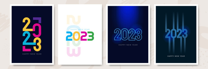 Happy New Year 2023. Vector holiday illustration with 2023 hand written logo text design, sparkling confetti and shining golden stars on white background.